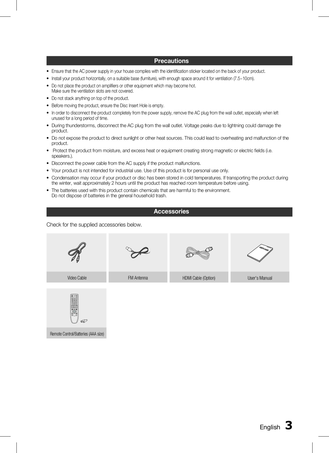 Samsung HT-C350, AH68-02293B user manual Precautions, Accessories, English  