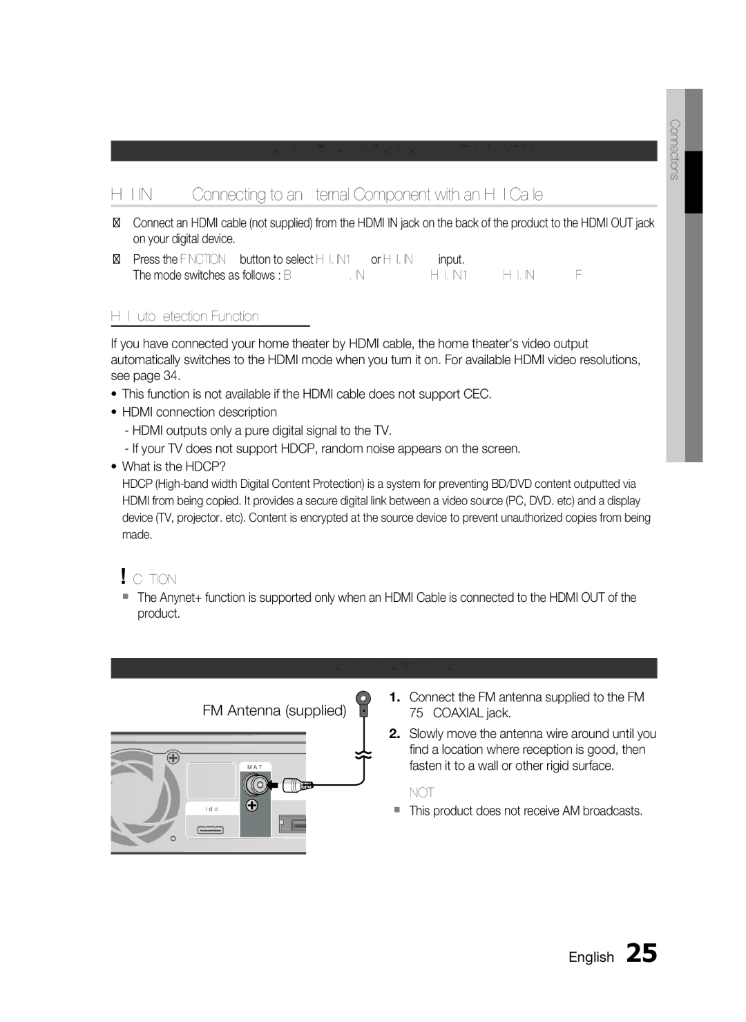 Samsung AH68-02302R Hdmi Auto Detection Function, Connecting the FM Antenna,  This product does not receive AM broadcasts 