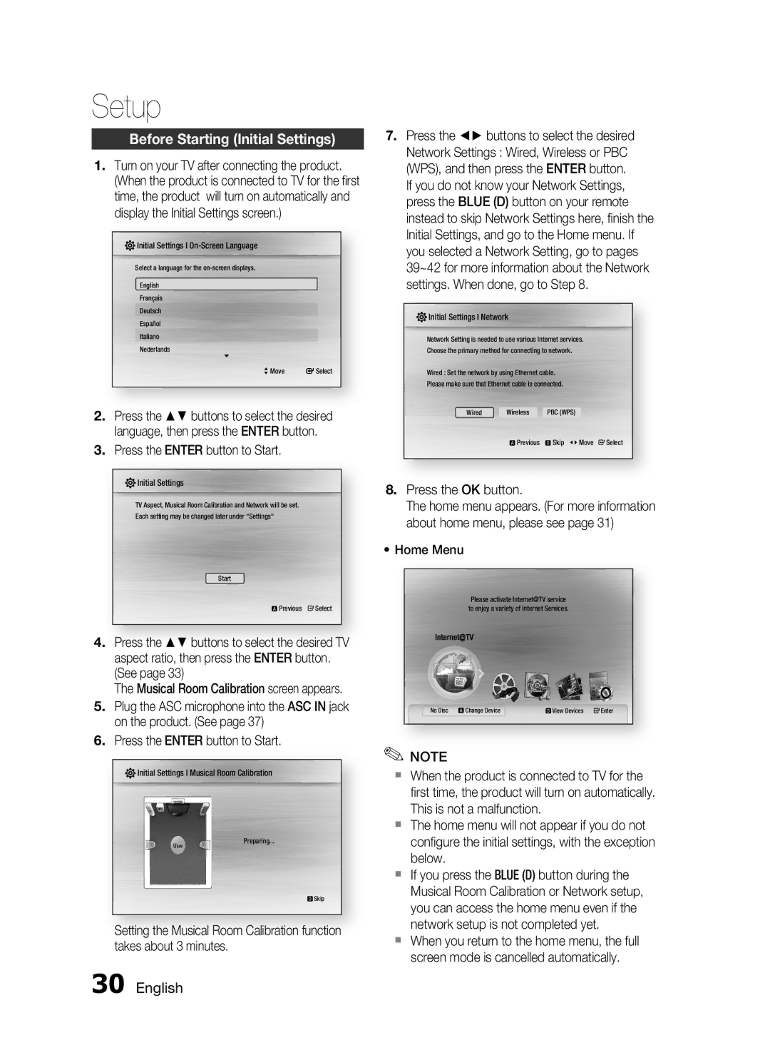 Samsung AH68-02302R Setup, Before Starting Initial Settings, Press the Enter button to Start, Press the OK button 