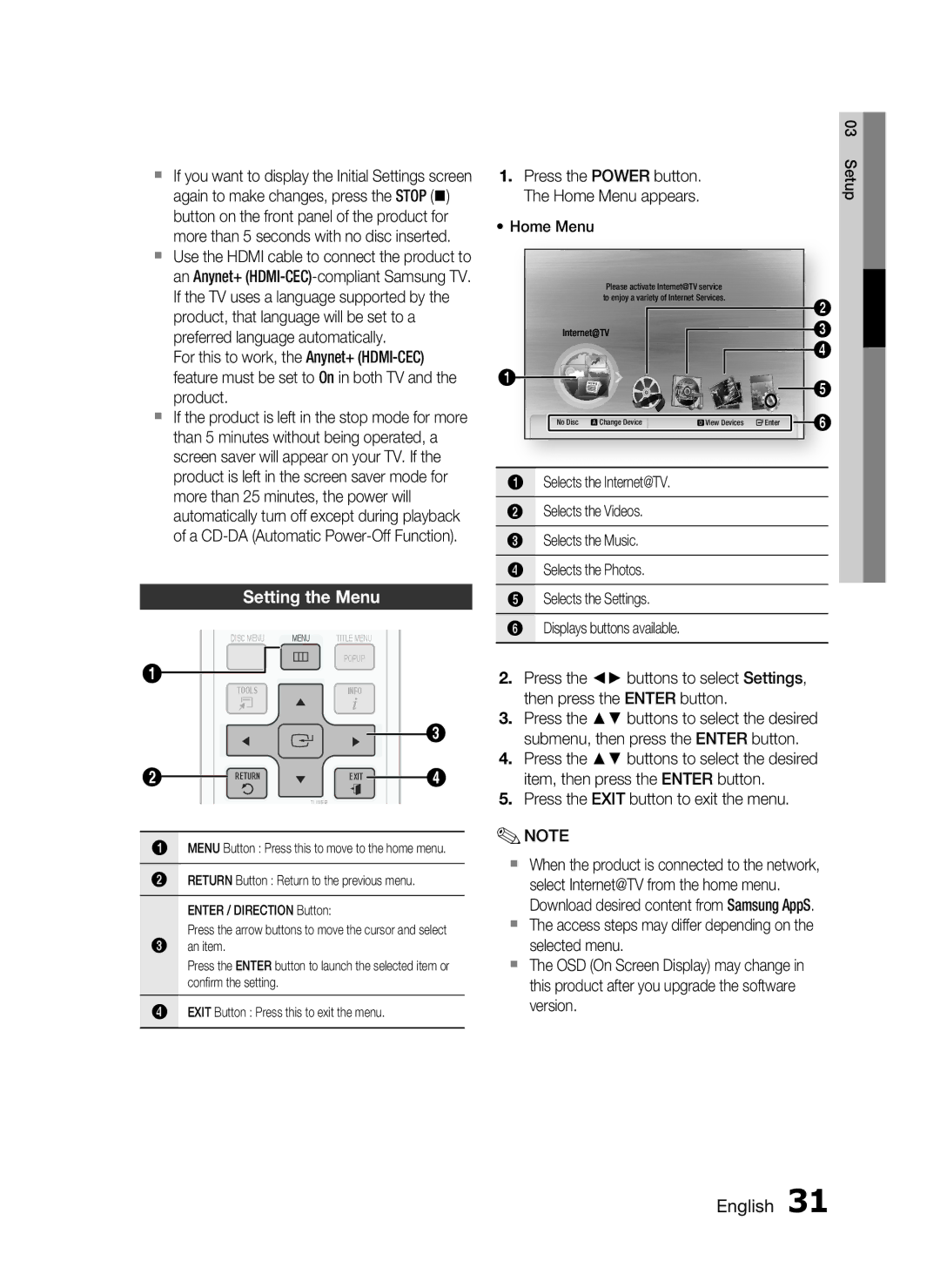 Samsung AH68-02302R user manual Setting the Menu 