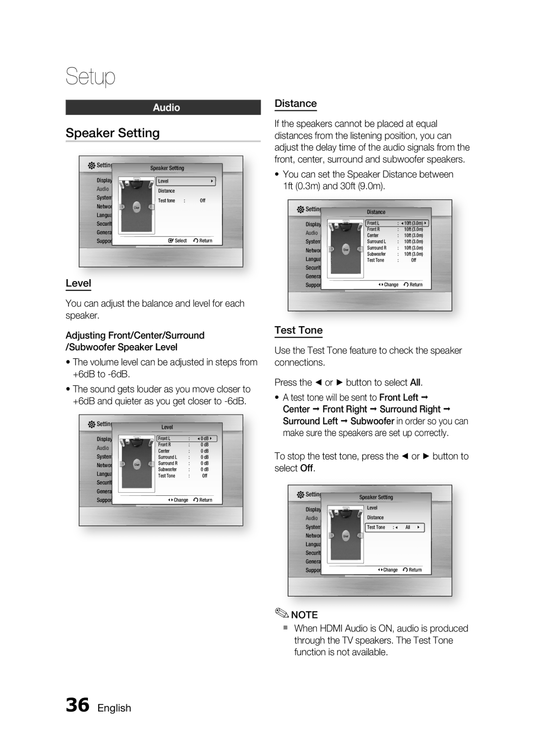 Samsung AH68-02302R user manual Speaker Setting, Audio, Level, Distance, Test Tone 