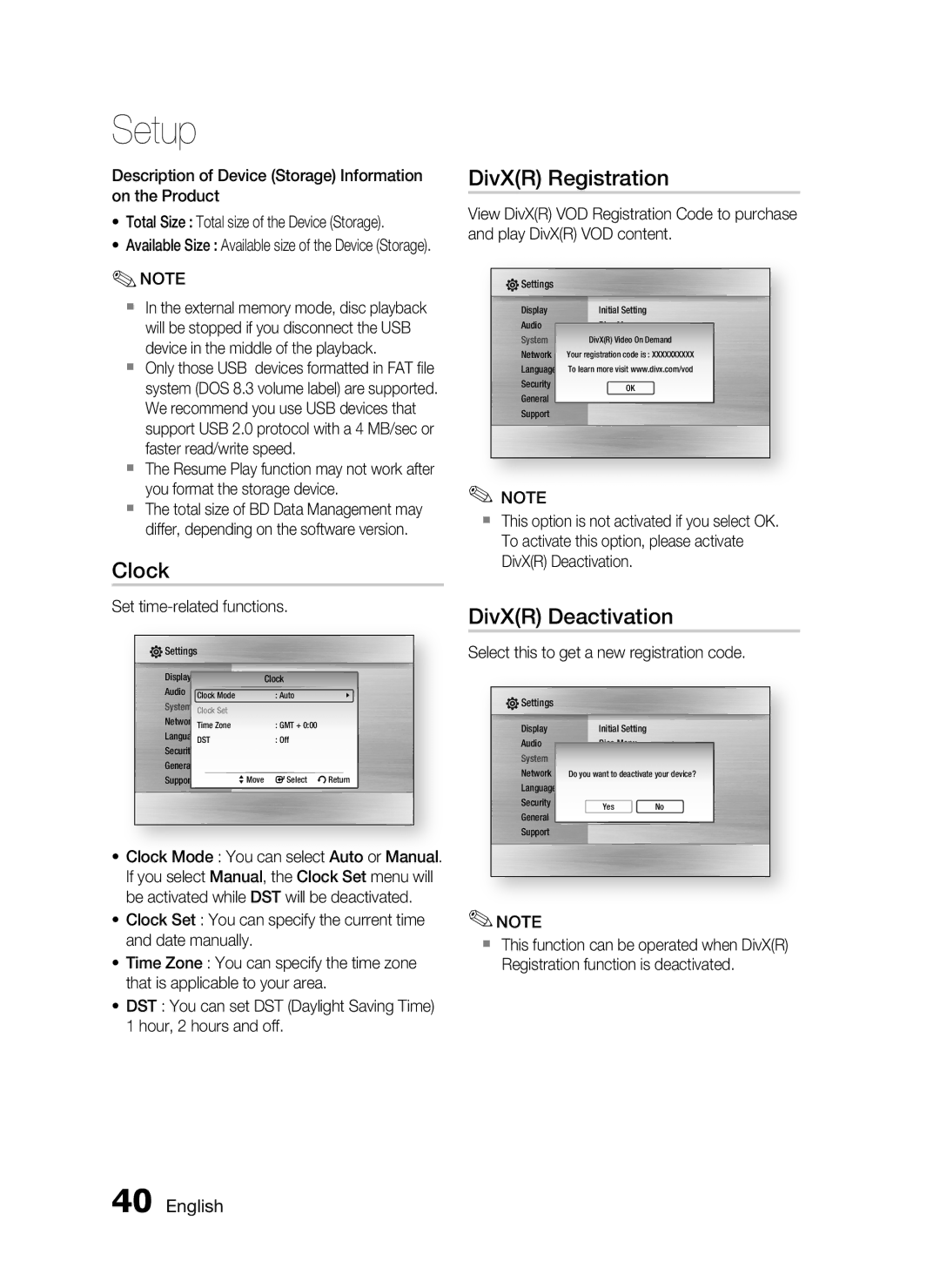 Samsung AH68-02302R user manual Clock, DivXR Registration, DivXR Deactivation, Set time-related functions 