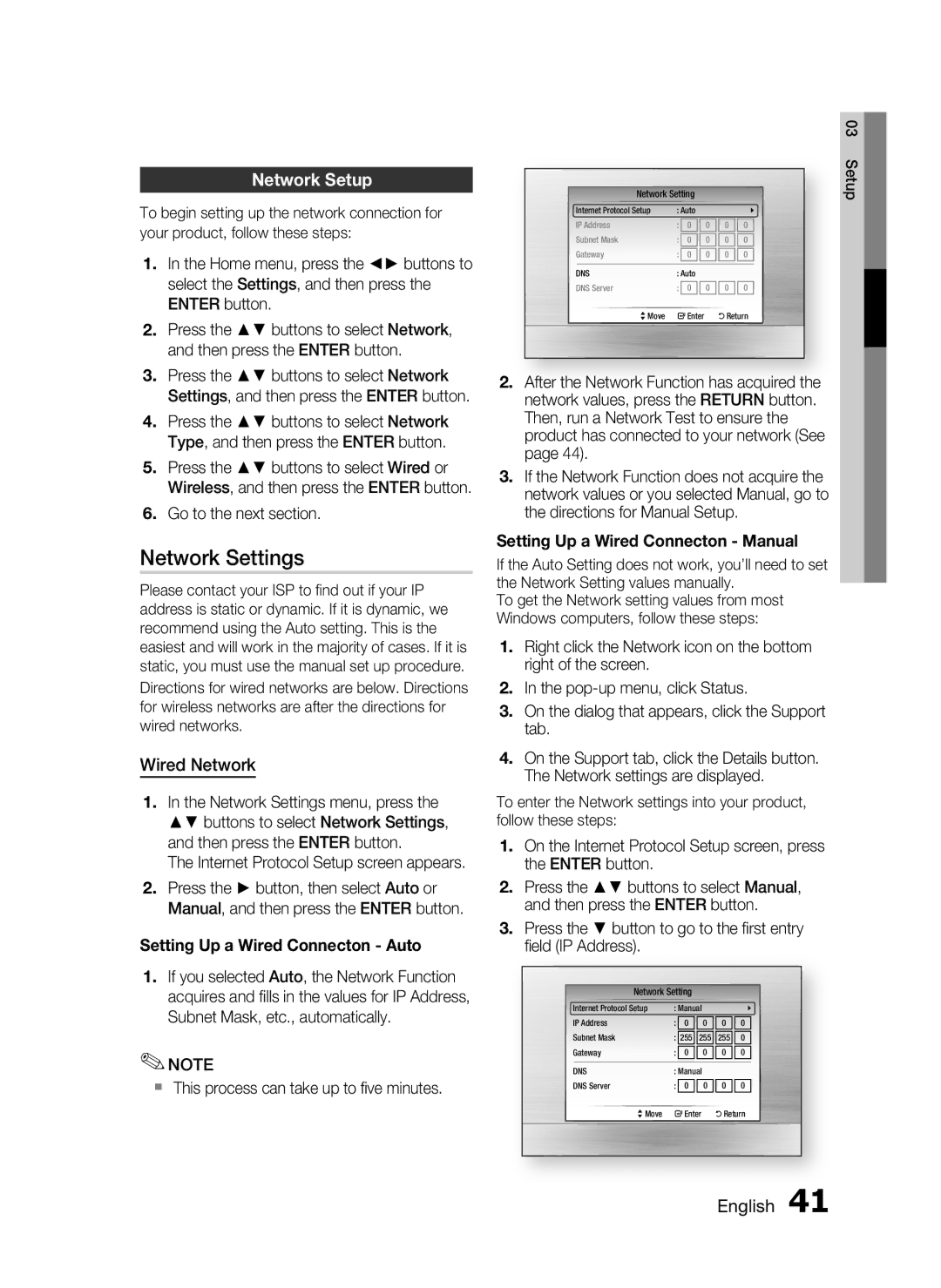 Samsung AH68-02302R user manual Network Settings, Network Setup, Wired Network 