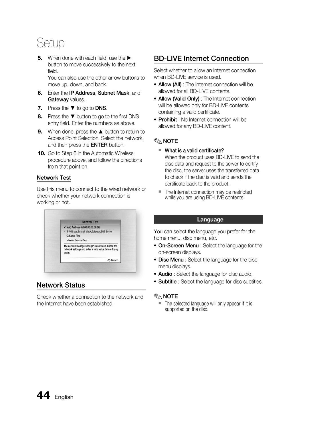 Samsung AH68-02302R user manual Network Status, BD-LIVE Internet Connection, Network Test, Language 