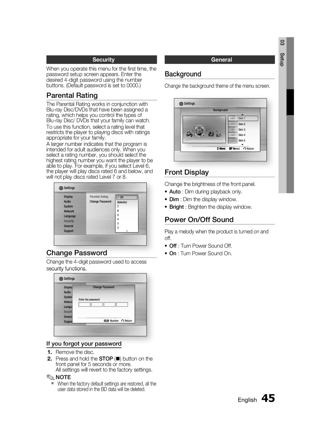 Samsung AH68-02302R user manual Parental Rating, Change Password, Background, Front Display, Power On/Off Sound 