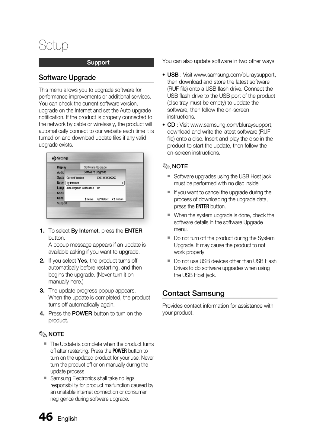 Samsung AH68-02302R user manual Software Upgrade, Contact Samsung, Support, To select By Internet, press the Enter button 