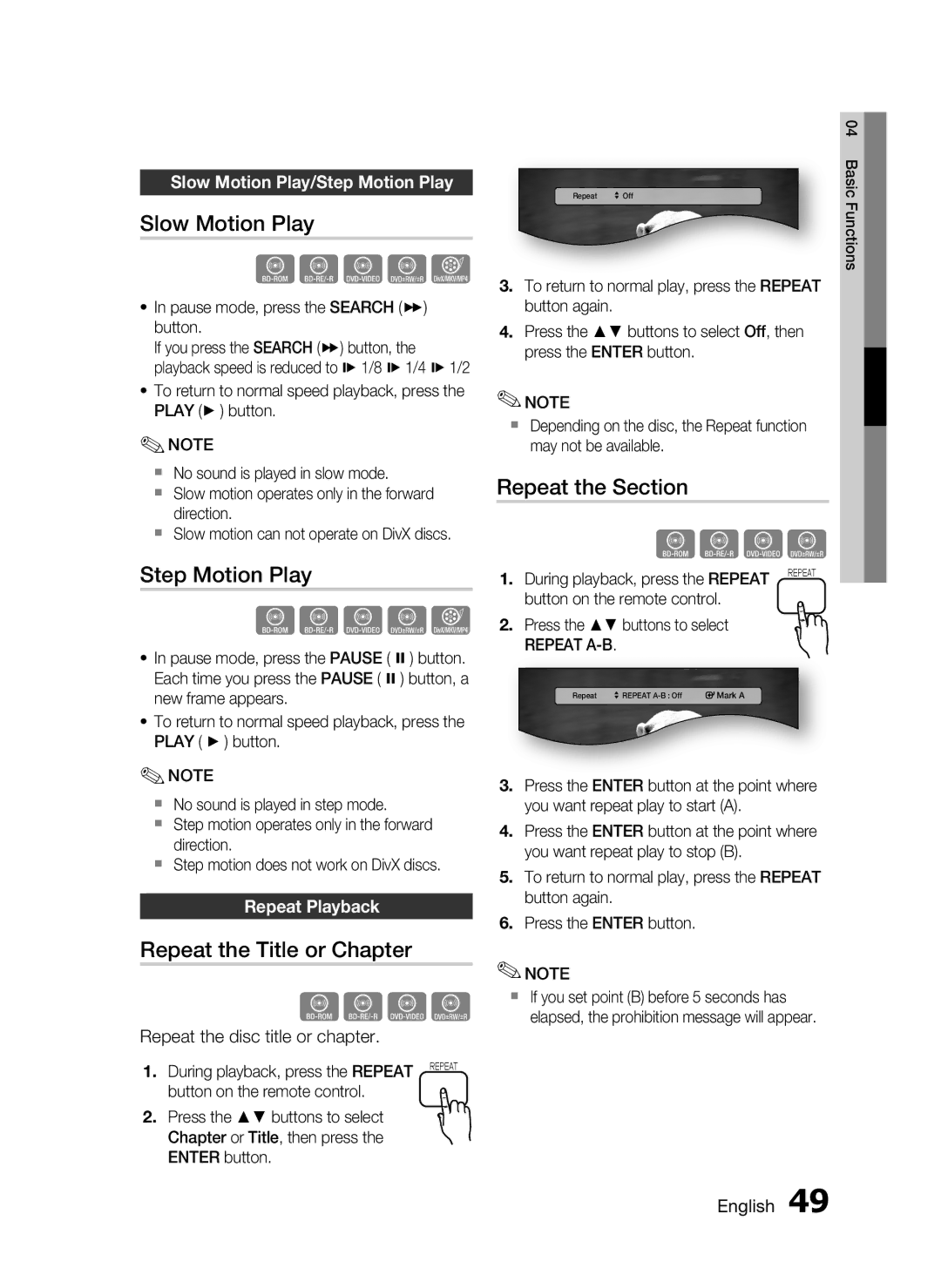 Samsung AH68-02302R user manual Slow Motion Play, Step Motion Play, Repeat the Title or Chapter, Repeat the Section 