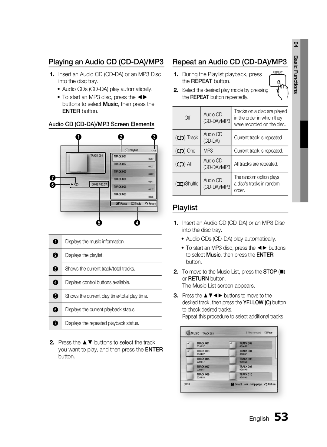 Samsung AH68-02302R user manual Playing an Audio CD CD-DA/MP3 Repeat an Audio CD CD-DA/MP3, Playlist 