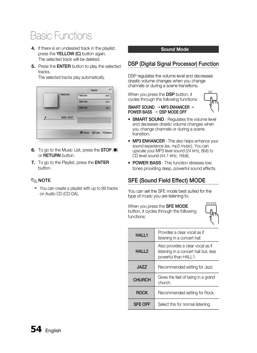 Samsung AH68-02302R user manual DSP Digital Signal Processor Function, SFE Sound Field Effect Mode, Sound Mode 