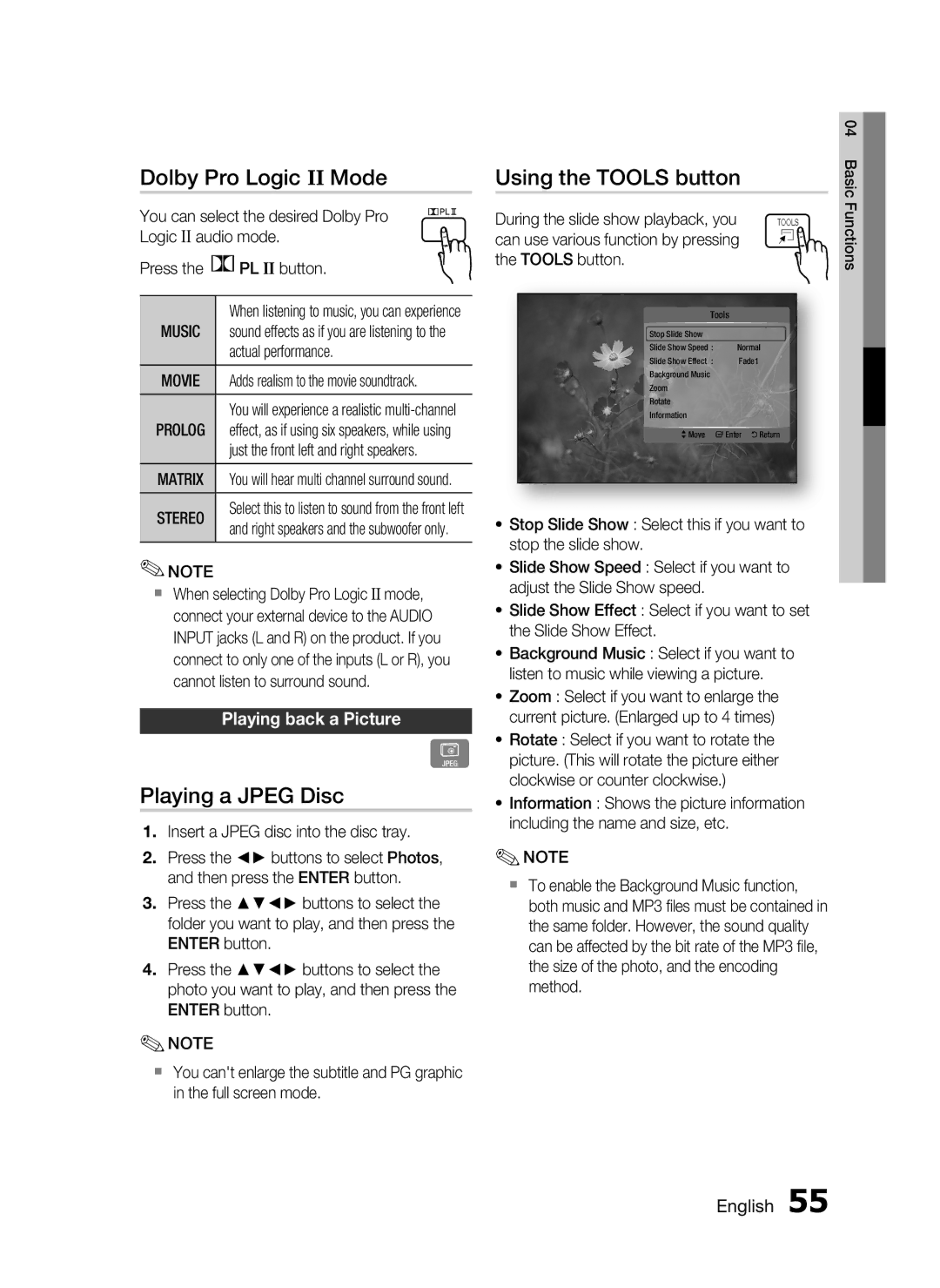 Samsung AH68-02302R Dolby Pro Logic II Mode, Playing a Jpeg Disc, Using the Tools button, Playing back a Picture, Music 