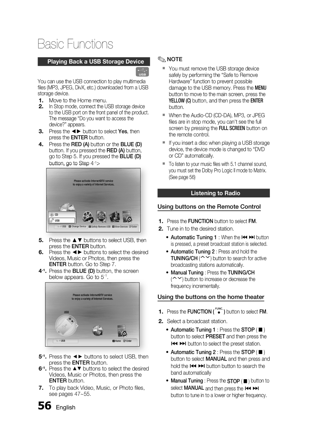 Samsung AH68-02302R user manual Playing Back a USB Storage Device, Listening to Radio, Using buttons on the Remote Control 