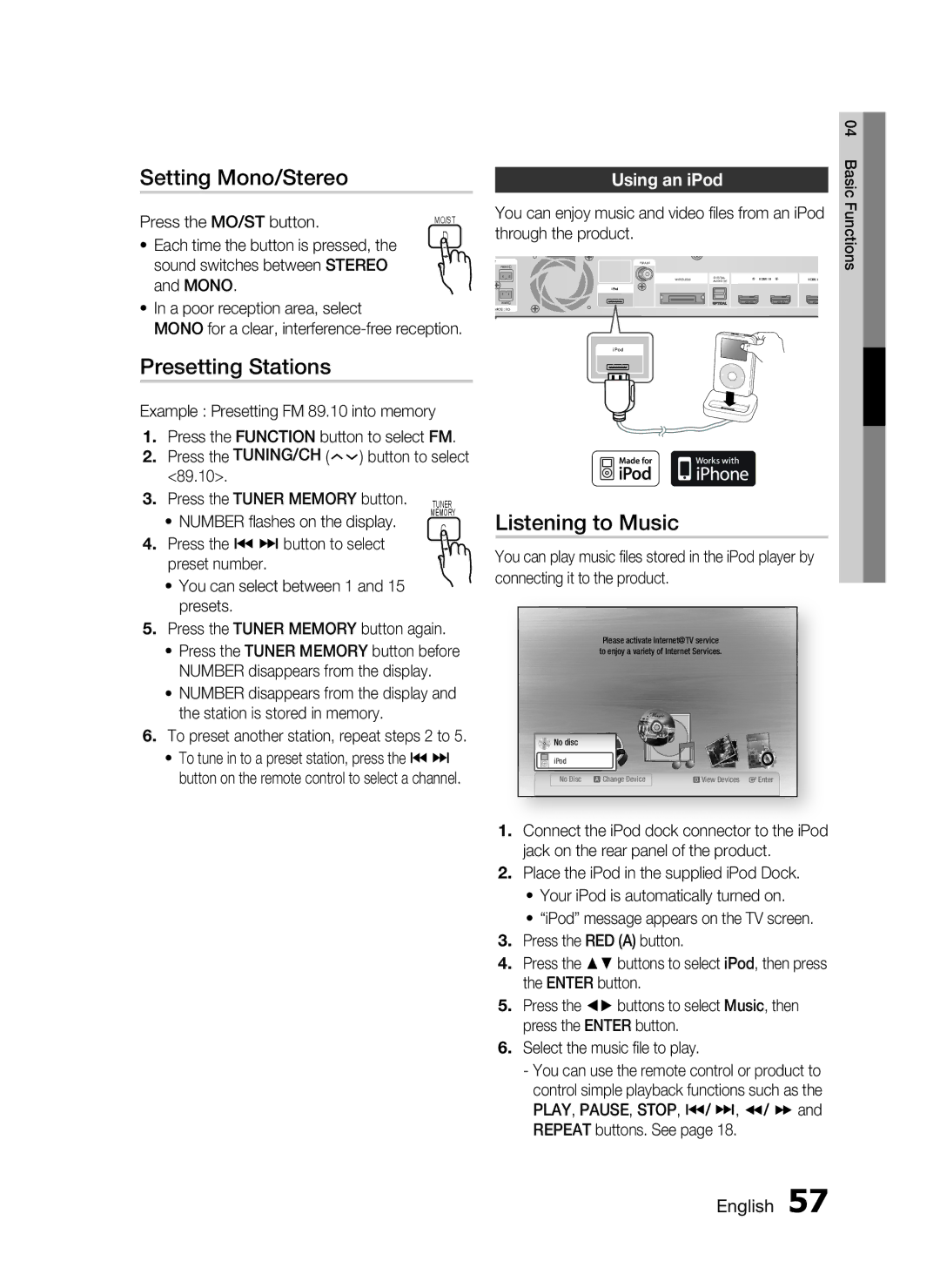 Samsung AH68-02302R user manual Setting Mono/Stereo, Presetting Stations, Listening to Music, Using an iPod 