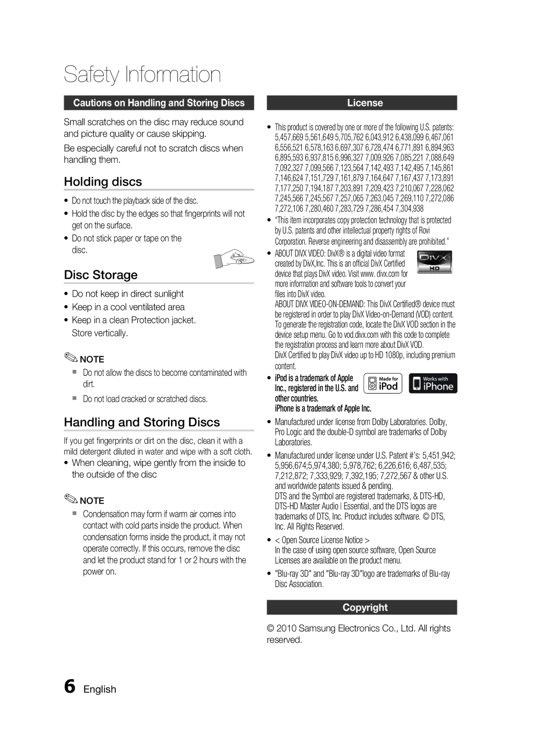 Samsung AH68-02302R user manual Holding discs, Disc Storage, Handling and Storing Discs, License, Copyright 