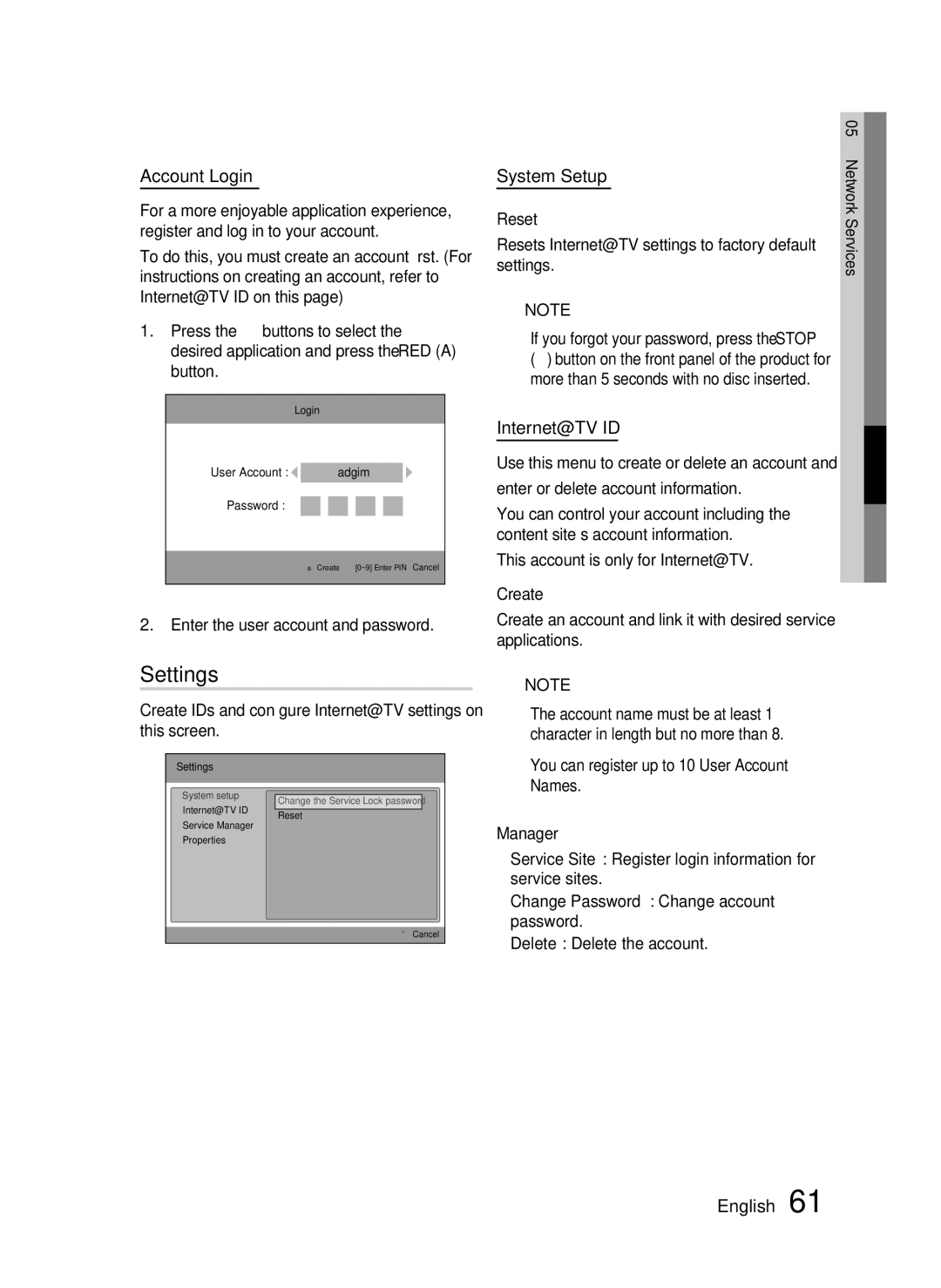 Samsung AH68-02302R user manual Settings, Account Login, System Setup, Internet@TV ID 