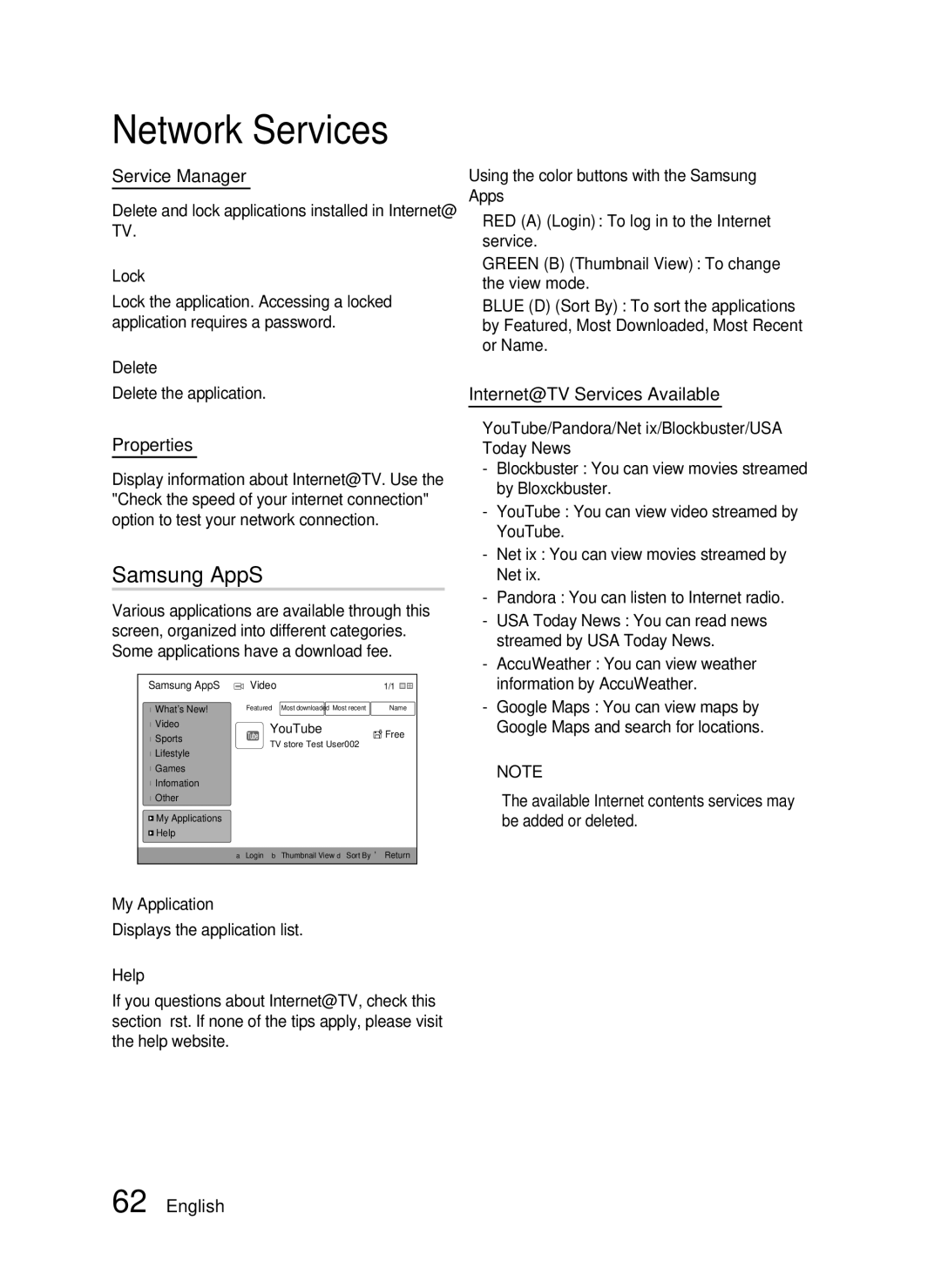 Samsung AH68-02302R user manual Samsung AppS, Service Manager, Properties, Internet@TV Services Available 