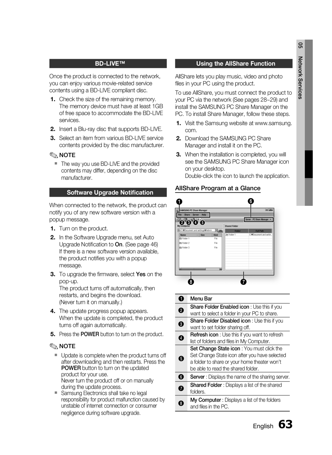 Samsung AH68-02302R Using the AllShare Function, Software Upgrade Notiﬁcation, AllShare Program at a Glance, Menu Bar 