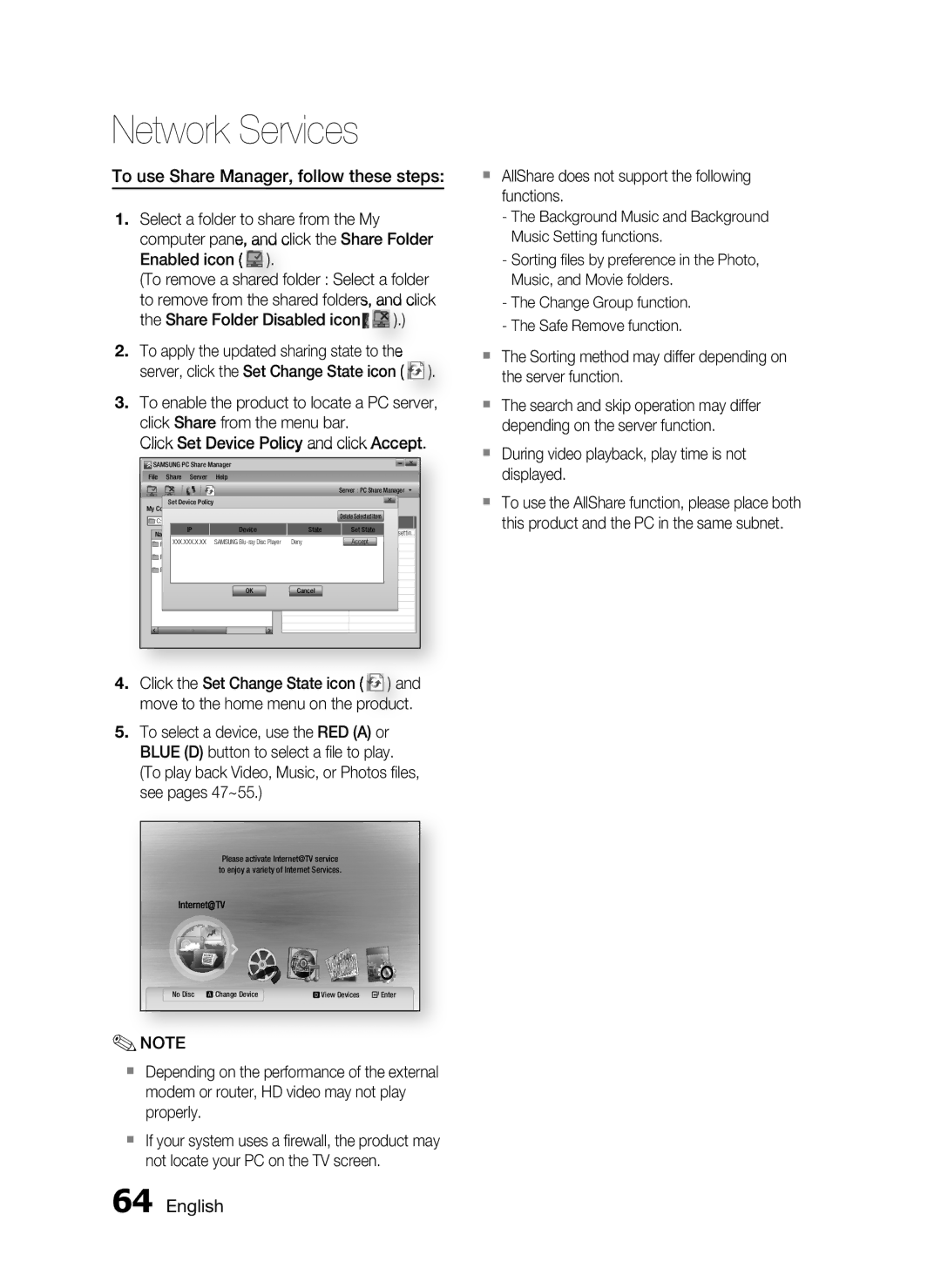 Samsung AH68-02302R user manual Depending on the server function, Displayed, Click Share from the menu bar 