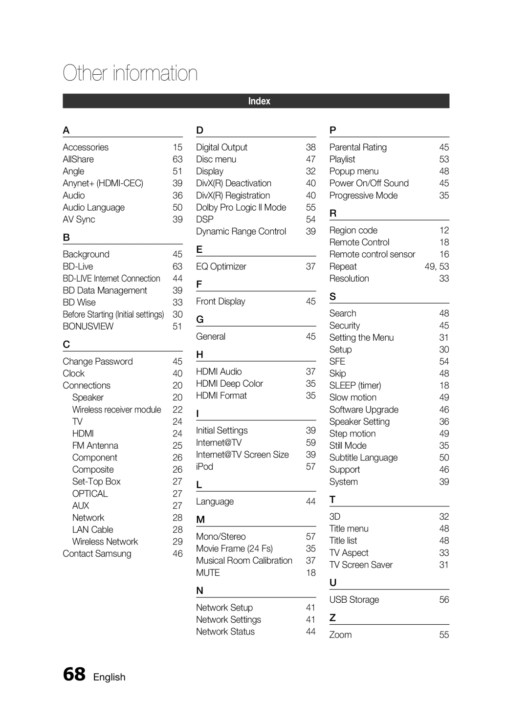 Samsung AH68-02302R user manual Index 