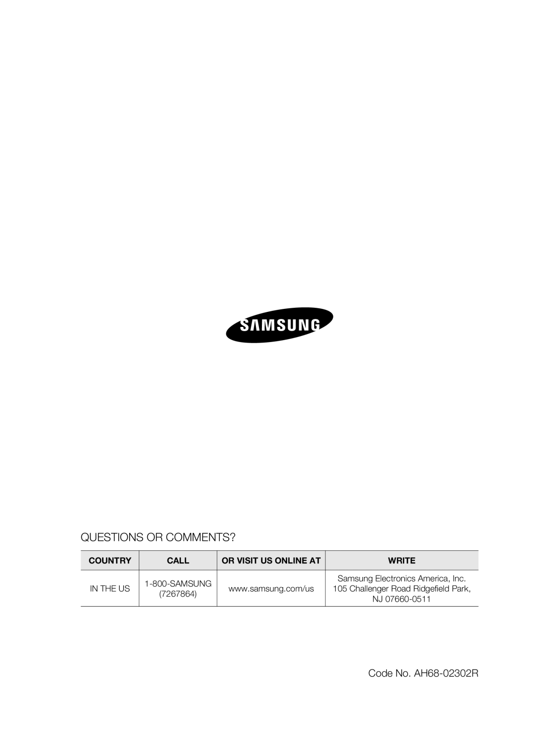 Samsung user manual Code No. AH68-02302R, Challenger Road Ridgeﬁeld Park, 7267864 