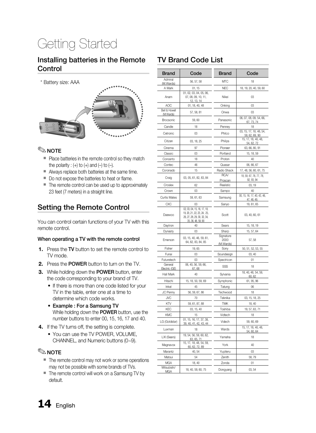 Samsung HT-D555, AH68-02333R Setting the Remote Control, Battery size AAA, ` Do not expose the batteries to heat or flame 