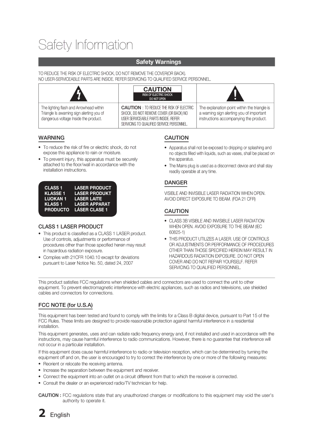 Samsung HT-D555, AH68-02333R Safety Information, Safety Warnings,  English, Class 1 Laser Product, FCC Note for U.S.A 