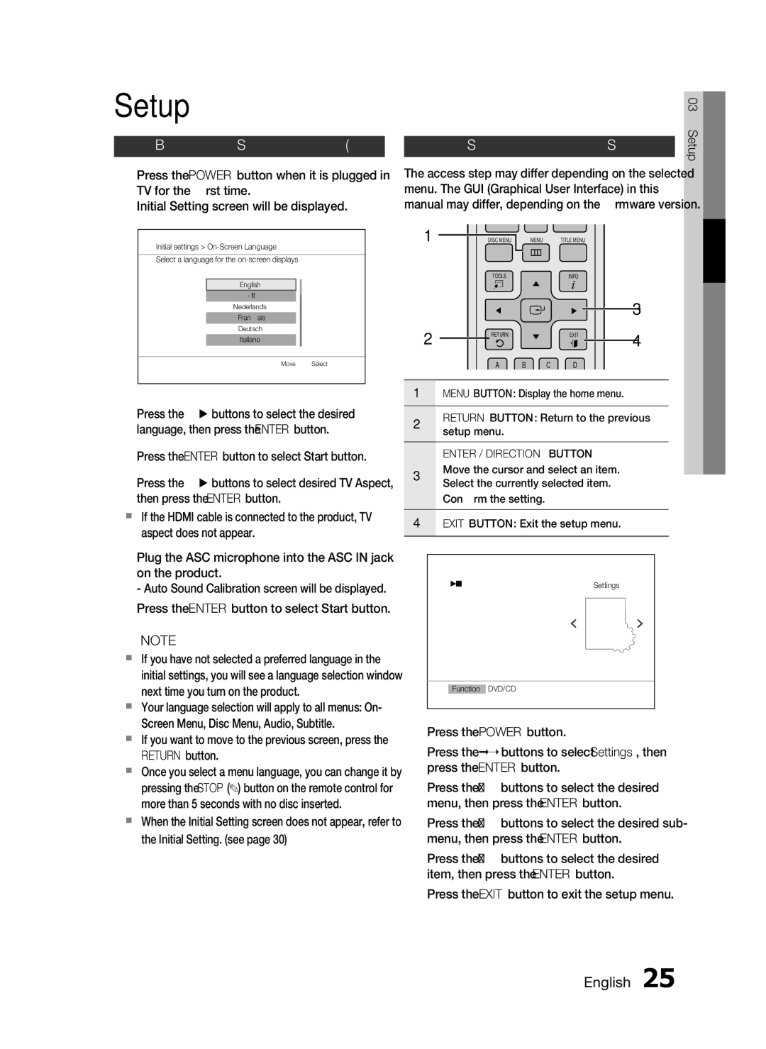 Samsung HT-D553 Before Starting Initial Setting, Setting the Setup menu, Press the Enter button to select Start button 