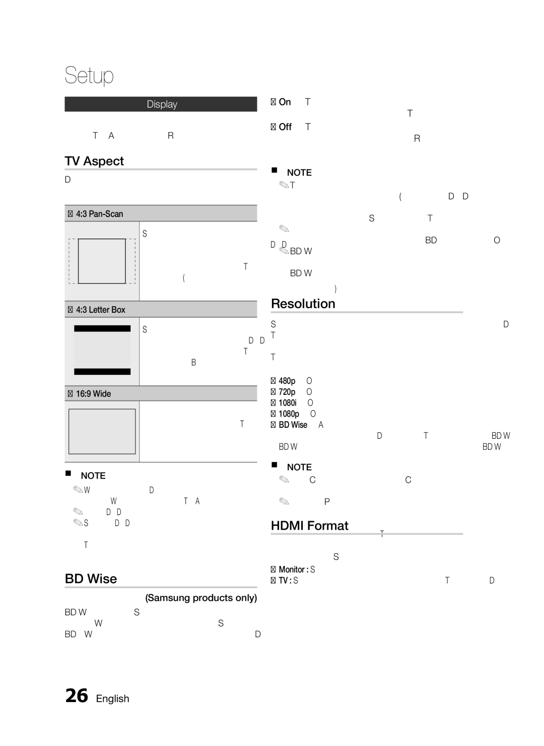 Samsung HT-D555, AH68-02333R, HT-D553, HT-D550 user manual TV Aspect, BD Wise, Resolution, Hdmi Format, Display 