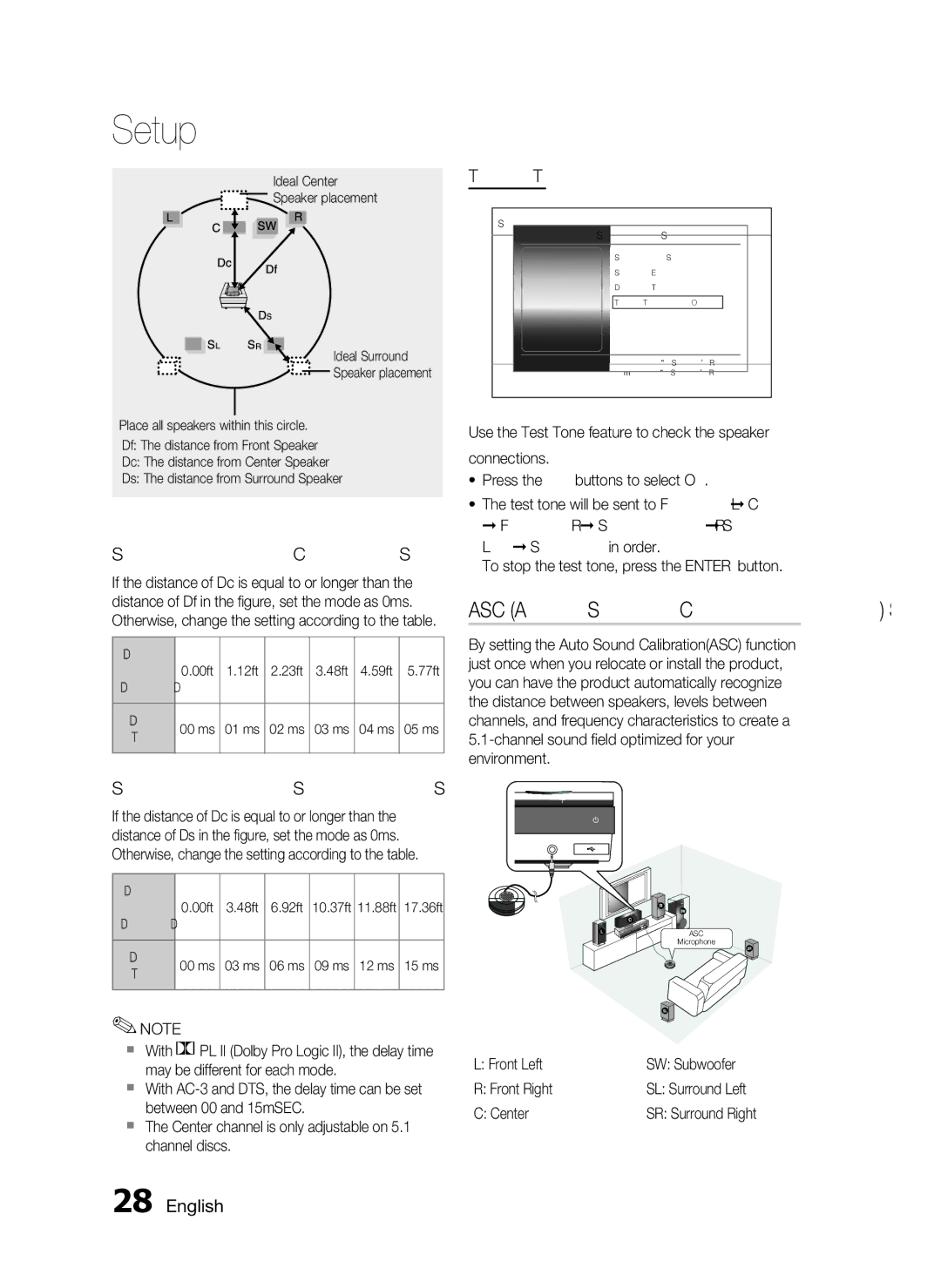 Samsung AH68-02333R, HT-D553 ASC Auto Sound Calibration Setting, Setting the Center Speaker, Setting the Surround Speaker 