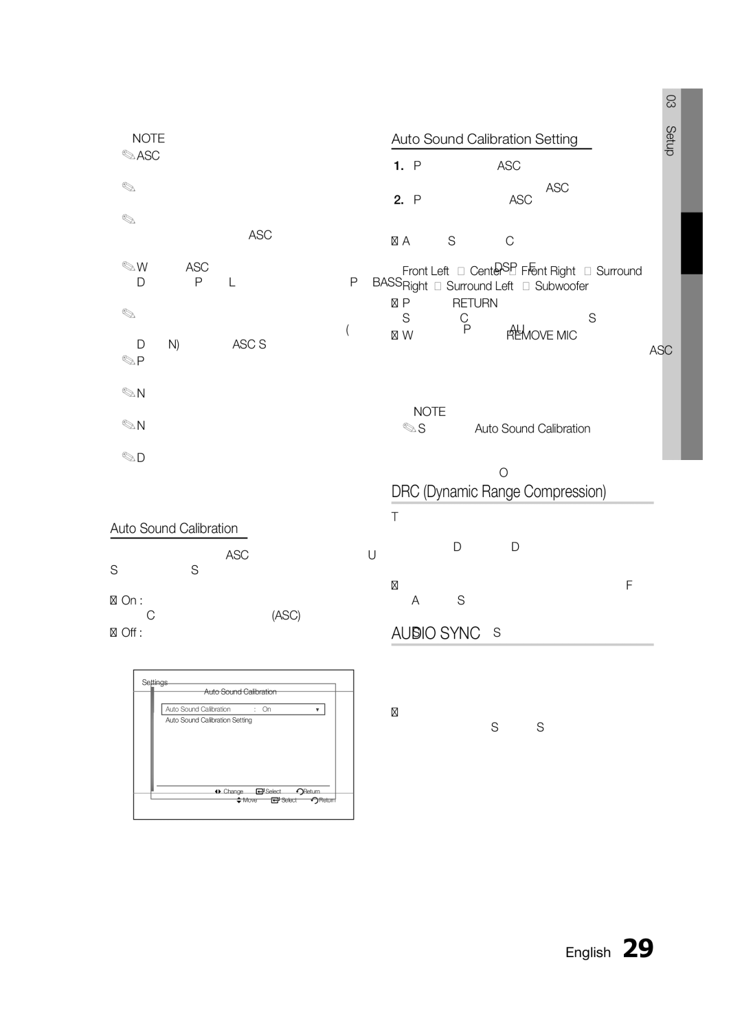 Samsung HT-D553, AH68-02333R, HT-D555, HT-D550 user manual DRC Dynamic Range Compression, Auto Sound Calibration Setting 