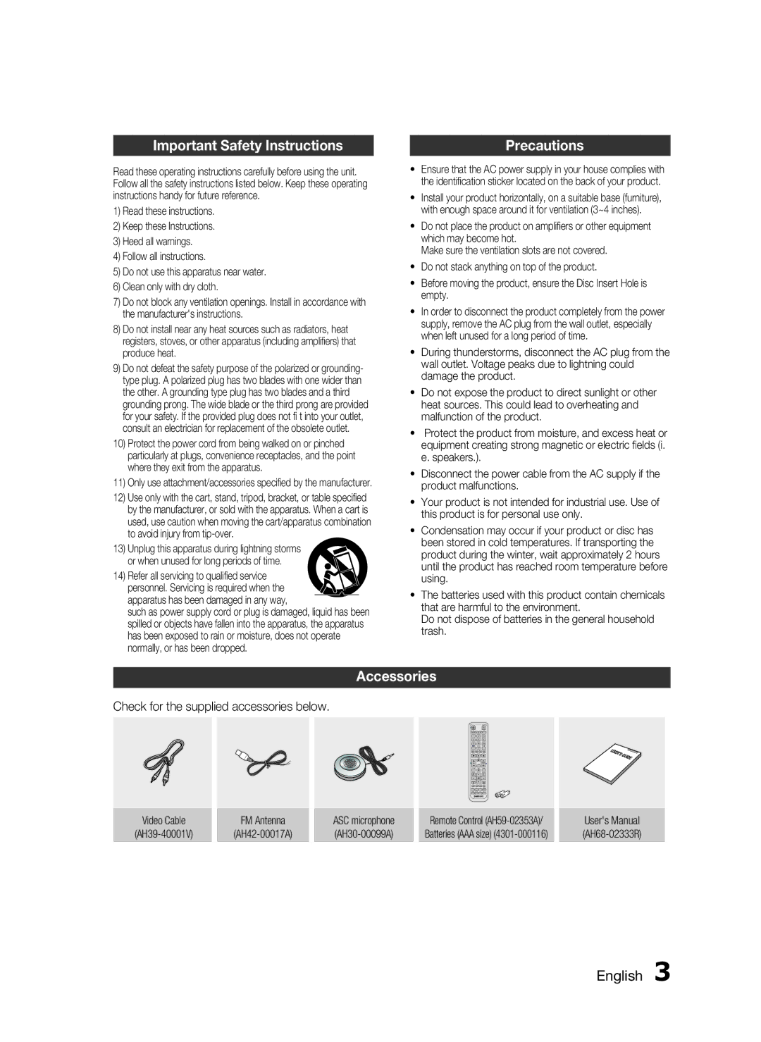 Samsung HT-D550, AH68-02333R, HT-D553, HT-D555 user manual Important Safety Instructions, Precautions, Accessories, English  