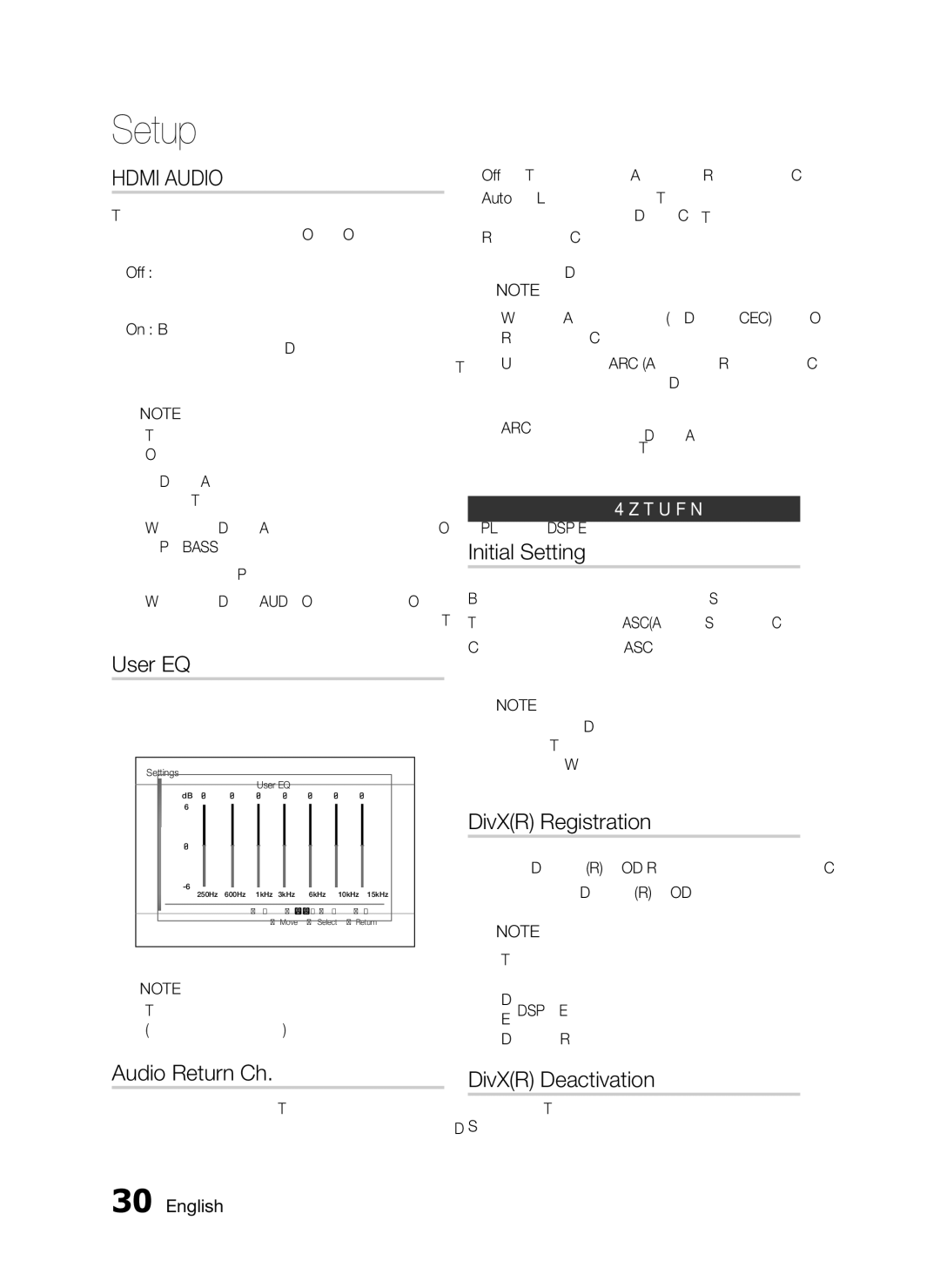 Samsung HT-D555, AH68-02333R, HT-D553 User EQ, Audio Return Ch, Initial Setting, DivXR Registration, DivXR Deactivation 