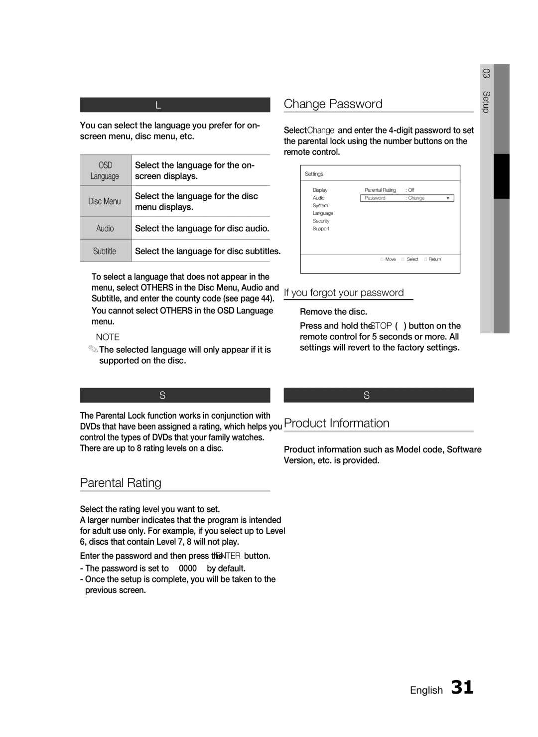 Samsung HT-D550, AH68-02333R, HT-D553, HT-D555 user manual Parental Rating, Product Information, Language, Security, Support 