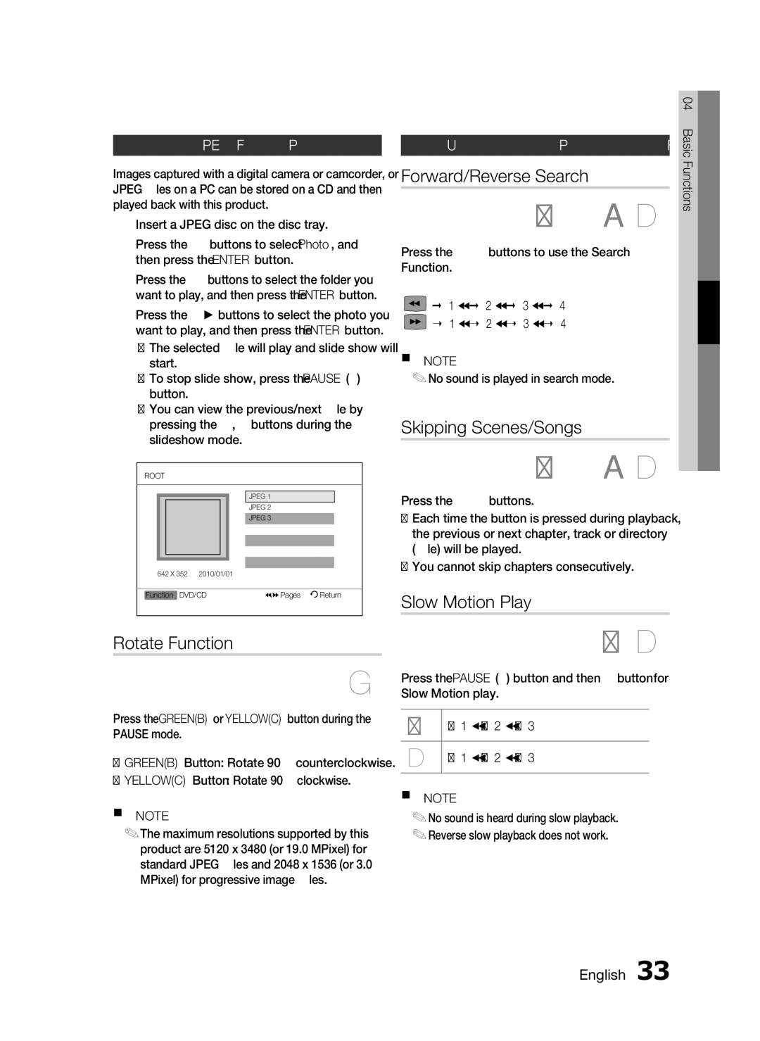 Samsung HT-D553, AH68-02333R, HT-D555 Rotate Function, Forward/Reverse Search, Skipping Scenes/Songs, Slow Motion Play 