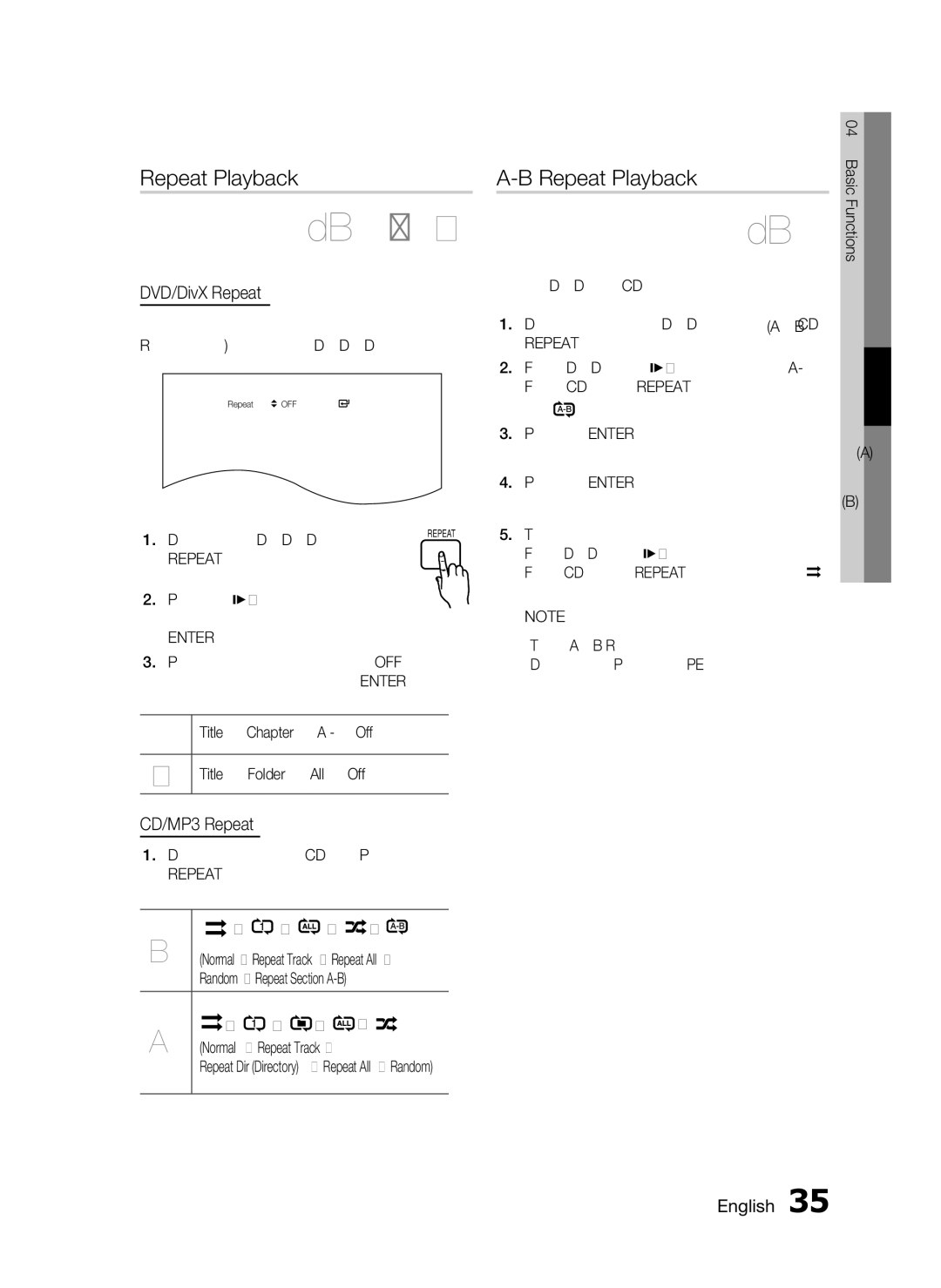 Samsung HT-D550, AH68-02333R, HT-D553, HT-D555 user manual Repeat Playback, DVD/DivX Repeat, CD/MP3 Repeat 