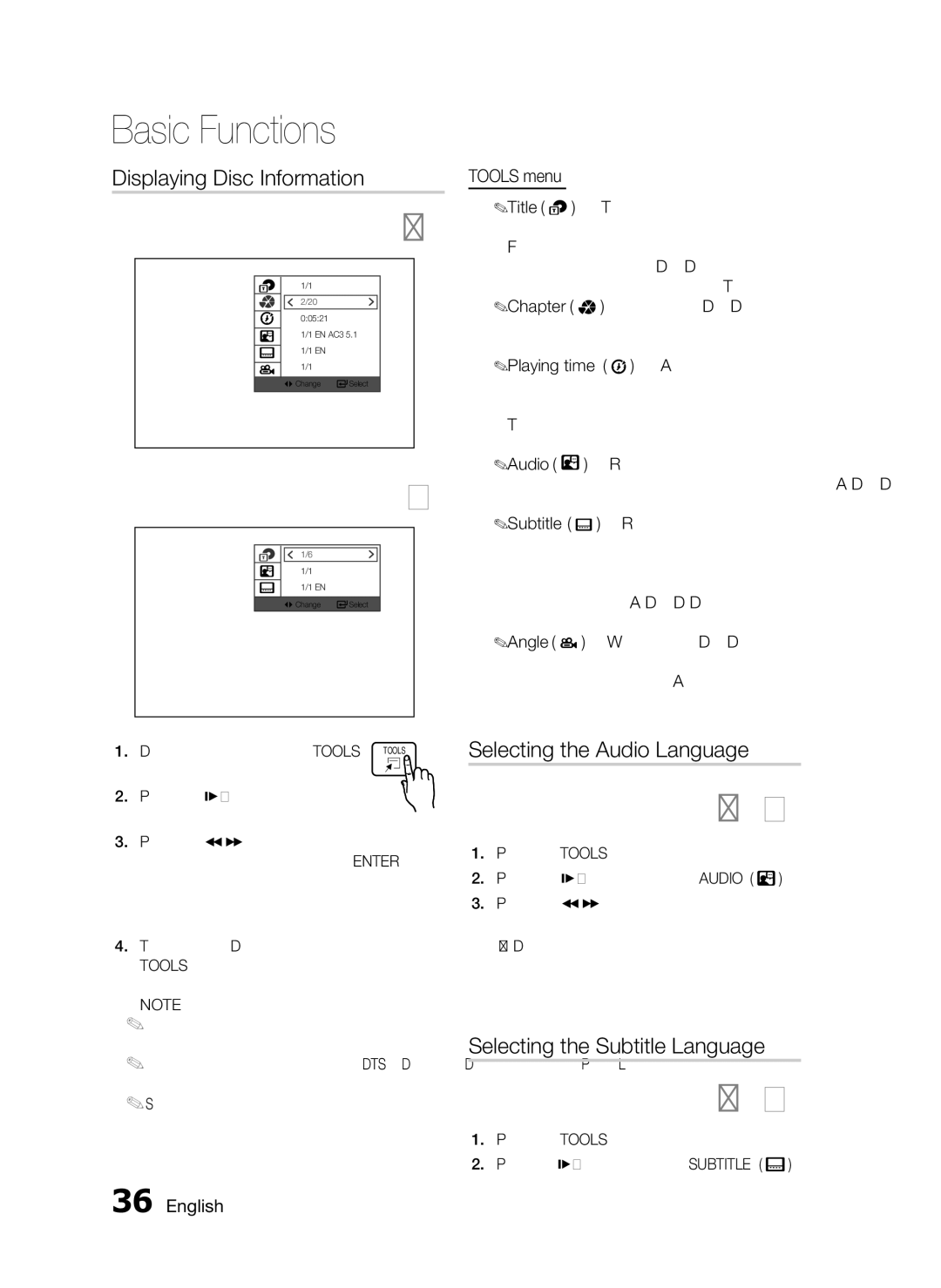 Samsung AH68-02333R Displaying Disc Information, Selecting the Audio Language, Selecting the Subtitle Language, Tools menu 