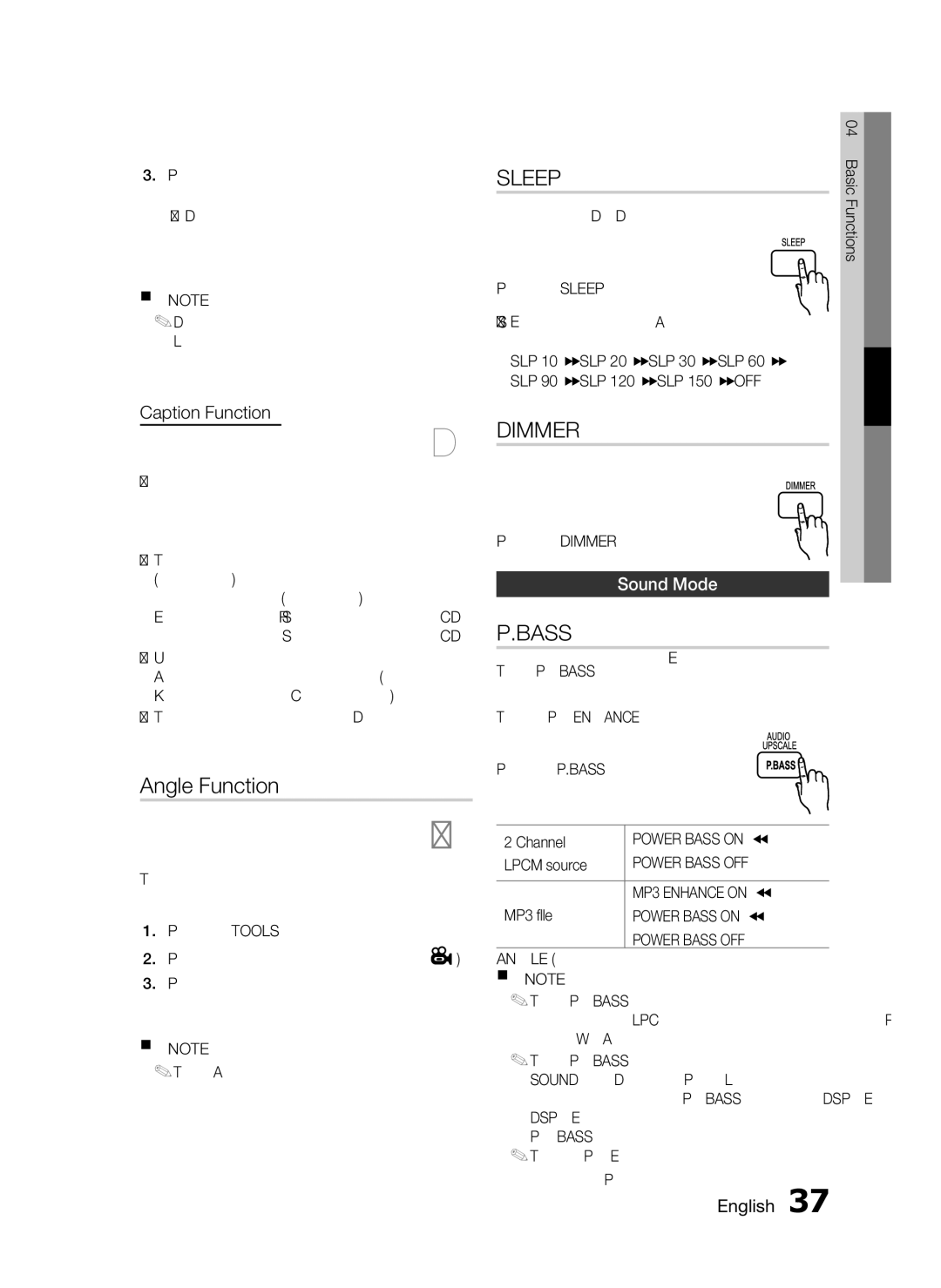 Samsung HT-D553, AH68-02333R, HT-D555, HT-D550 user manual Angle Function, Caption Function, Sound Mode 