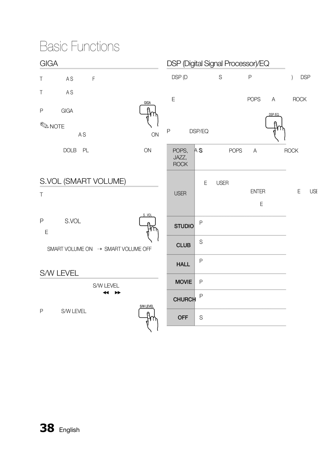 Samsung HT-D555, AH68-02333R Vol smart volume, DSP Digital Signal Processor/EQ, Press the S.VOL button, Pops, Equser 