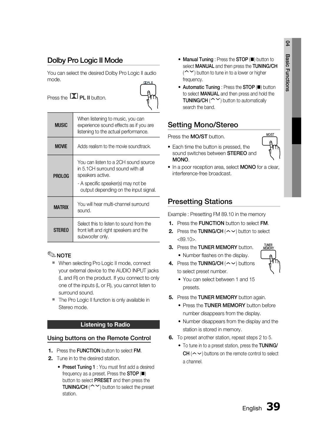 Samsung HT-D550, AH68-02333R, HT-D553 Dolby Pro Logic II Mode, Setting Mono/Stereo, Presetting Stations, Listening to Radio 