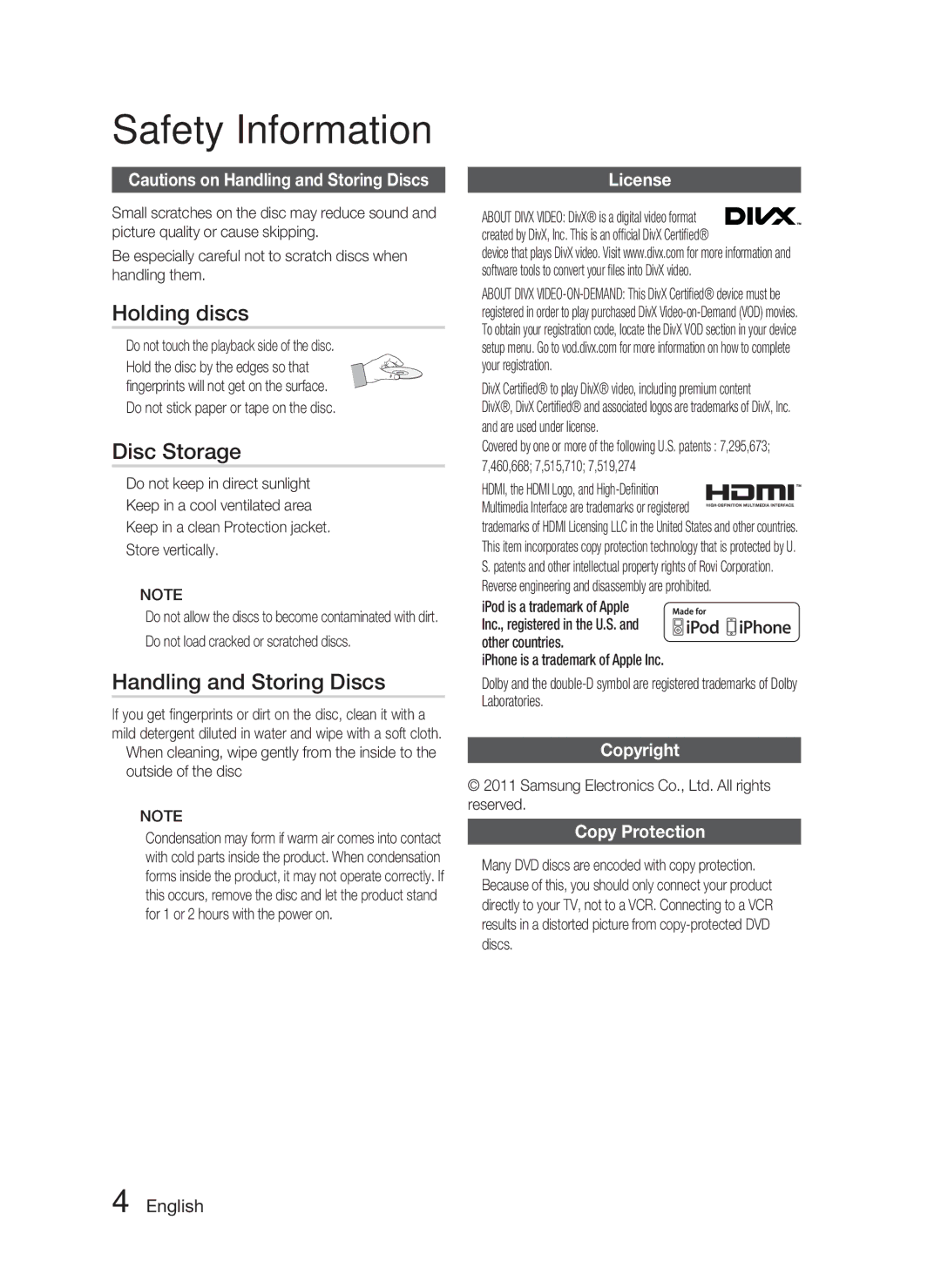 Samsung AH68-02333R, HT-D553, HT-D555 Holding discs, Disc Storage, Handling and Storing Discs, Copyright Copy Protection 