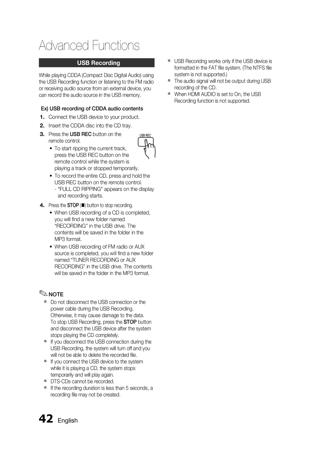 Samsung HT-D555, AH68-02333R, HT-D553, HT-D550 user manual Advanced Functions, USB Recording, ` DTS-CDs cannot be recorded 