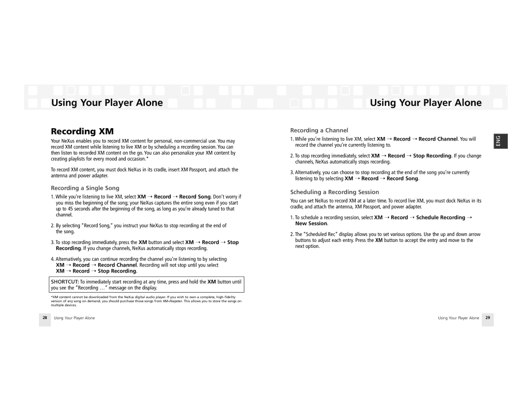 Samsung AH81-02185A XM manual Recording XM, Recording a Single Song, Recording a Channel, Scheduling a Recording Session 