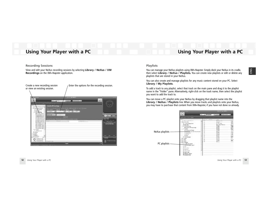 Samsung AH81-02185A XM manual Recording Sessions, Library / My Playlists 