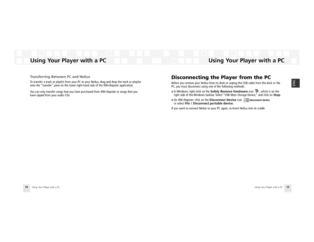 Samsung AH81-02185A XM manual Disconnecting the Player from the PC, Transferring Between PC and NeXus 