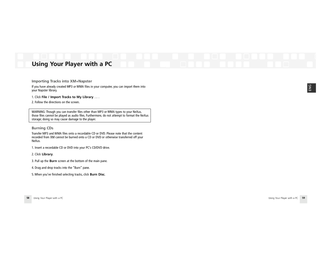 Samsung AH81-02185A XM manual Importing Tracks into XM+Napster, Burning CDs, Click File / Import Tracks to My Library … 