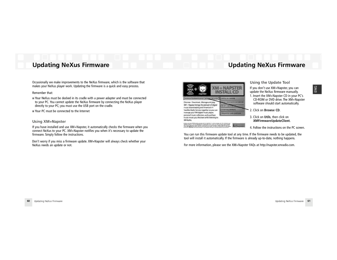 Samsung AH81-02185A XM manual Updating NeXus Firmware, Using XM+Napster, Using the Update Tool, XMFirmwareUpdateClient 