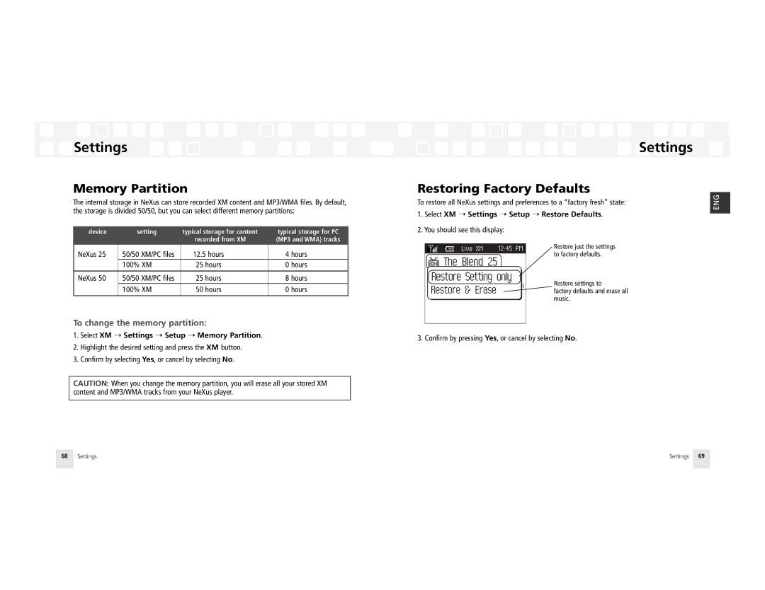 Samsung AH81-02185A XM manual Memory Partition, Restoring Factory Defaults, To change the memory partition 