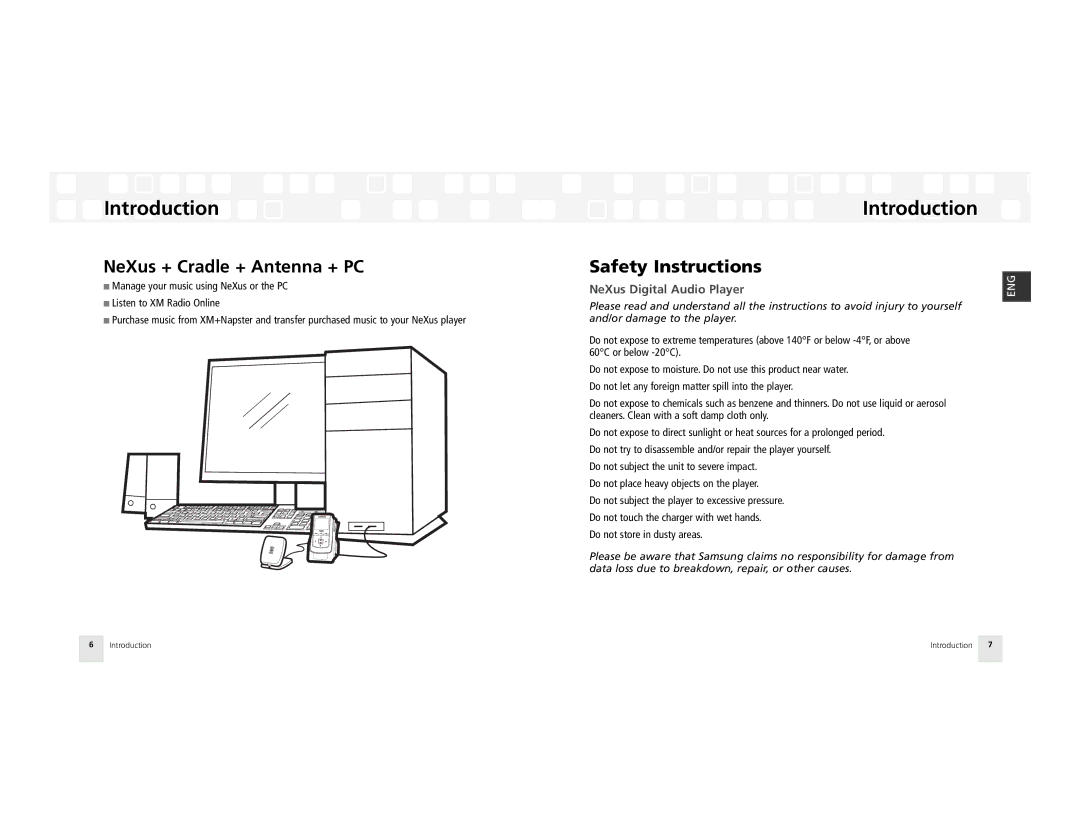 Samsung AH81-02185A XM manual NeXus + Cradle + Antenna + PC, Safety Instructions, NeXus Digital Audio Player 