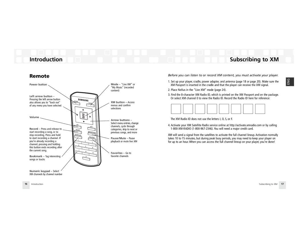 Samsung AH81-02185A XM manual Subscribing to XM, Remote 