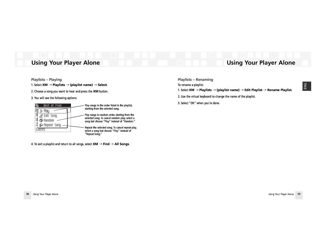 Samsung AH81-02185A XM manual Playlists - Playing, Playlists - Renaming, Using Your Player Alone 