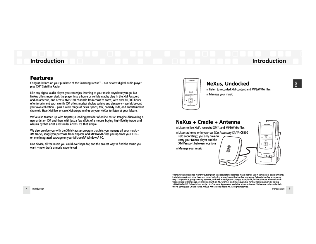 Samsung AH81-02185A XM manual Introduction, Features, NeXus + Cradle + Antenna, NeXus, Undocked 